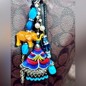 Elephant charm for bag backpack purse upcycled jewelry Blue and Silver Accents